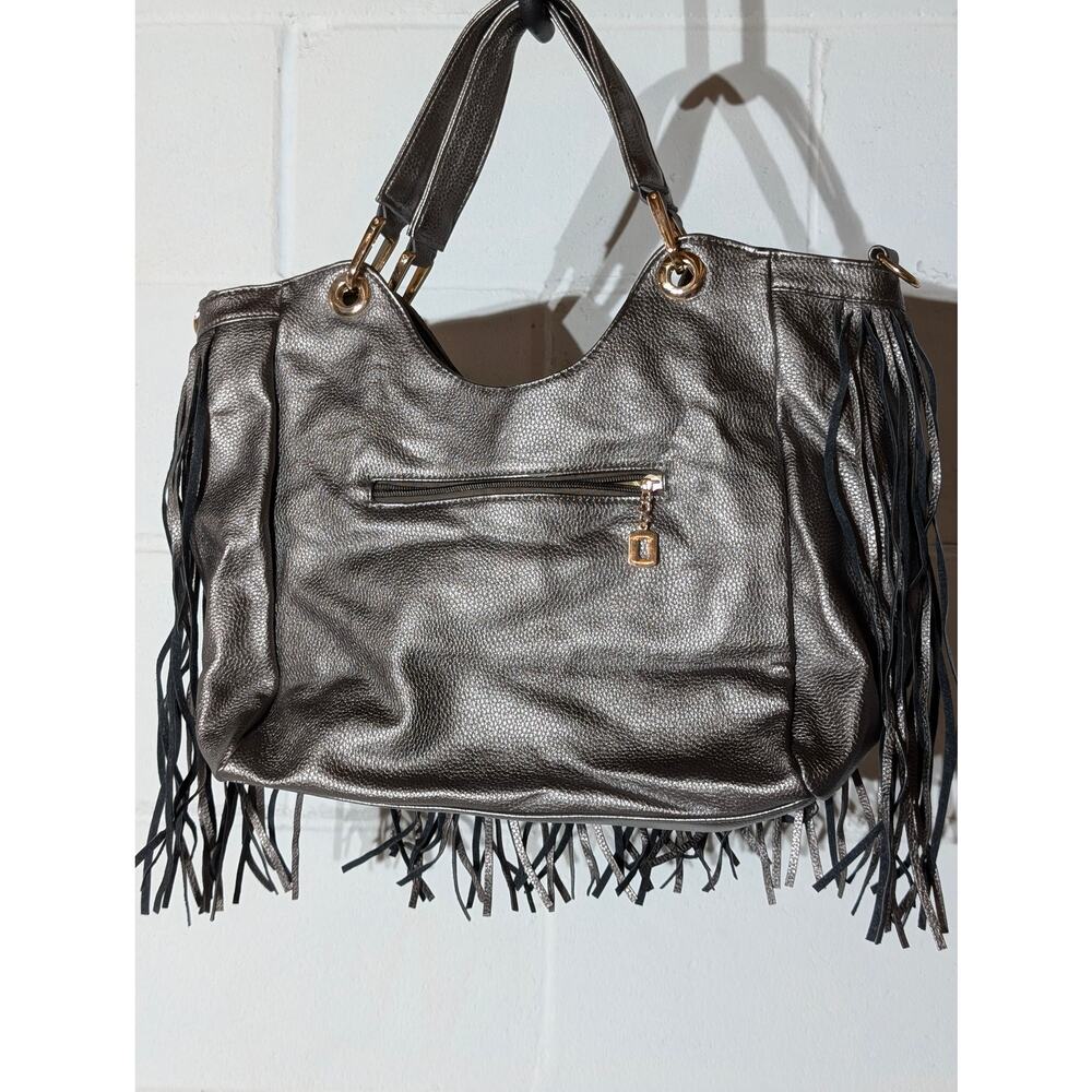 Metallic Silver Fringe Rhinestone Detail Shoulder Bag Hobo Purse Glam - Picture 2 of 6